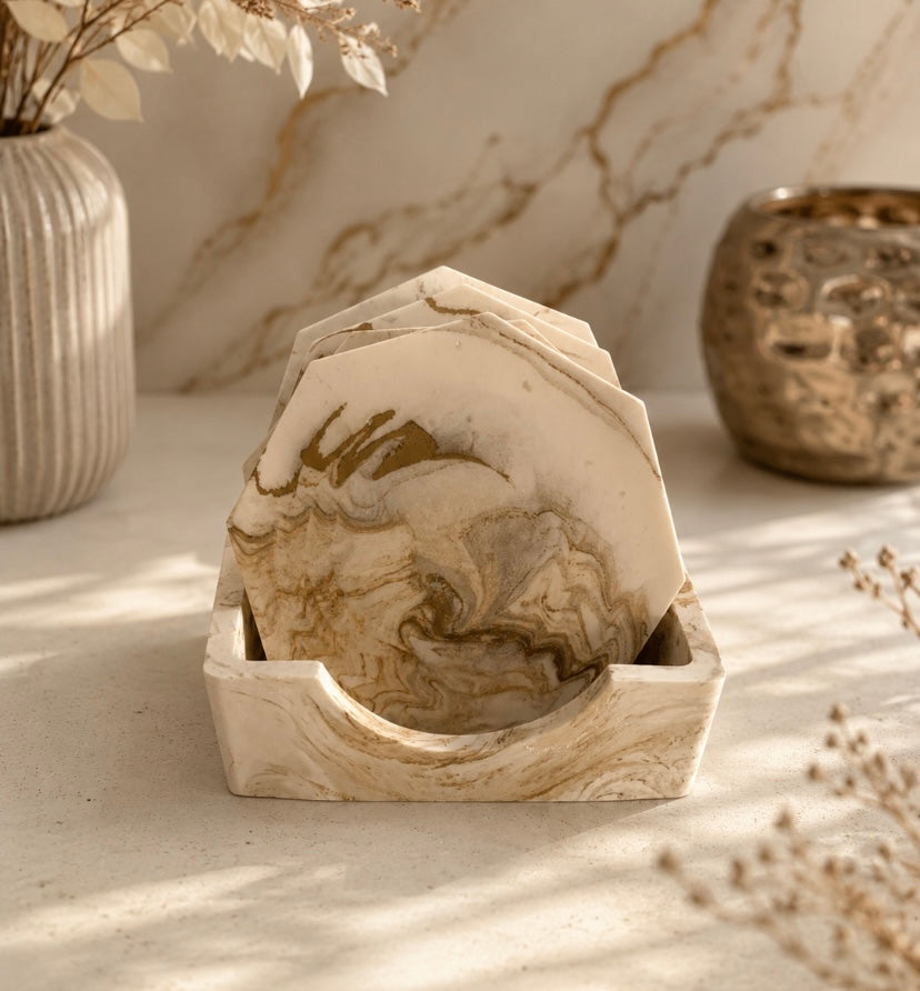 Set de 4 Sous-verres Marbrés avec Support – Jesmonite